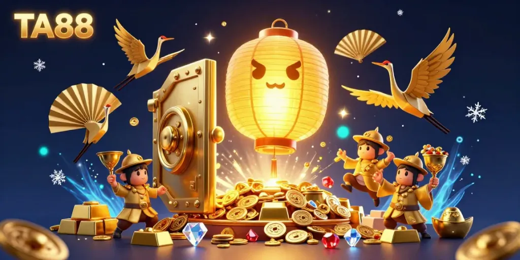 Experience the magic of TA88 as a glowing golden lantern spirit hovers over a thrilling casino atmosphere filled with riches.