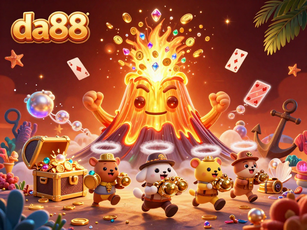 Experience thrilling moments with da88's vibrant treasures erupting from a cartoon volcano in a dynamic casino scene.