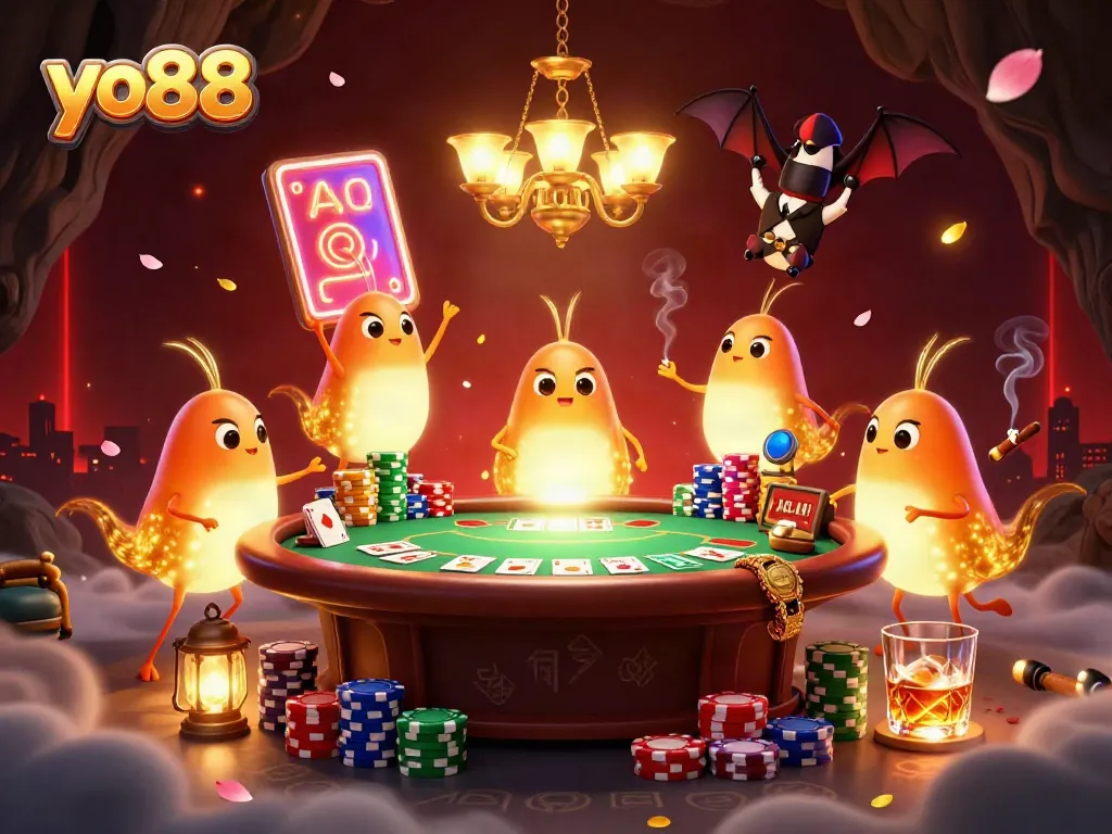 Play exciting games at yo88 with a vibrant scene featuring glowworms illuminating a dynamic cave casino.